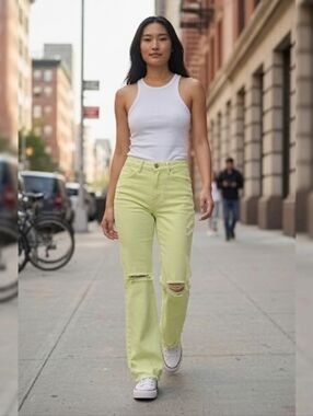 AFRM Oden High Rise Wide Leg Jeans Faded Neon Yellow Distressed Size 24 NWT